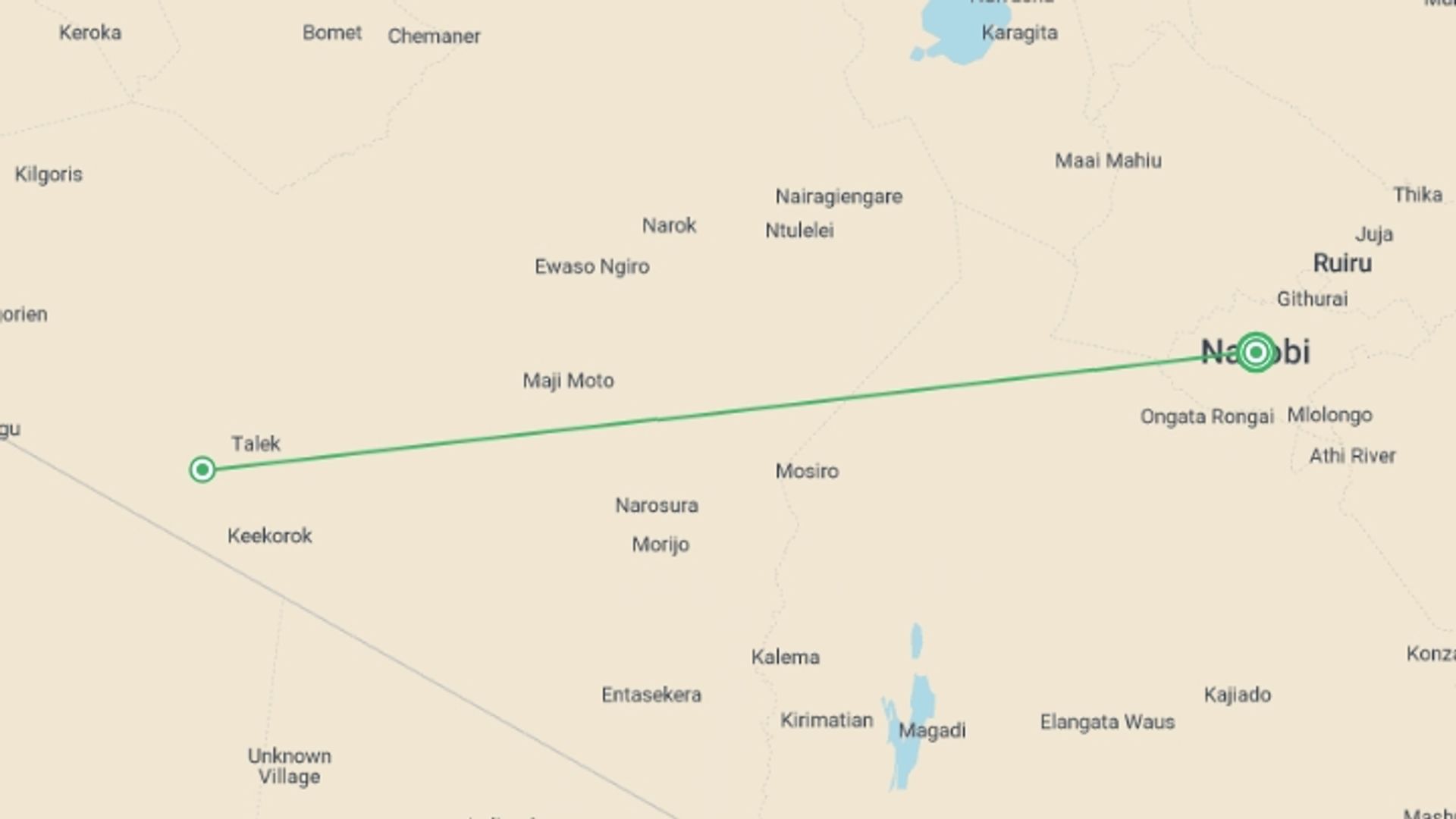A map showing the tour itinerary for the trip: Masai Mara Group Joining Safari in 3 days, starting in Nairobi, Kenya and ending in Nairobi, Kenya going through 2 other destinations.