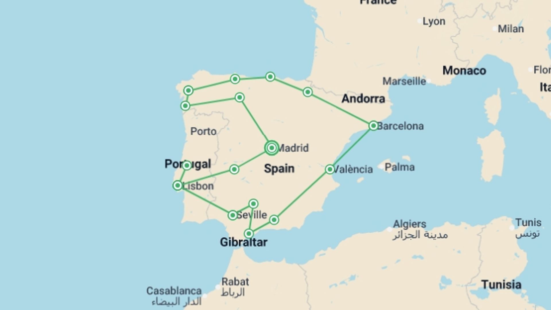A map showing the tour itinerary for the trip: Journey Across Iberia - 20 days, starting in Madrid, Spain and ending in Madrid, Spain going through 14 other destinations.