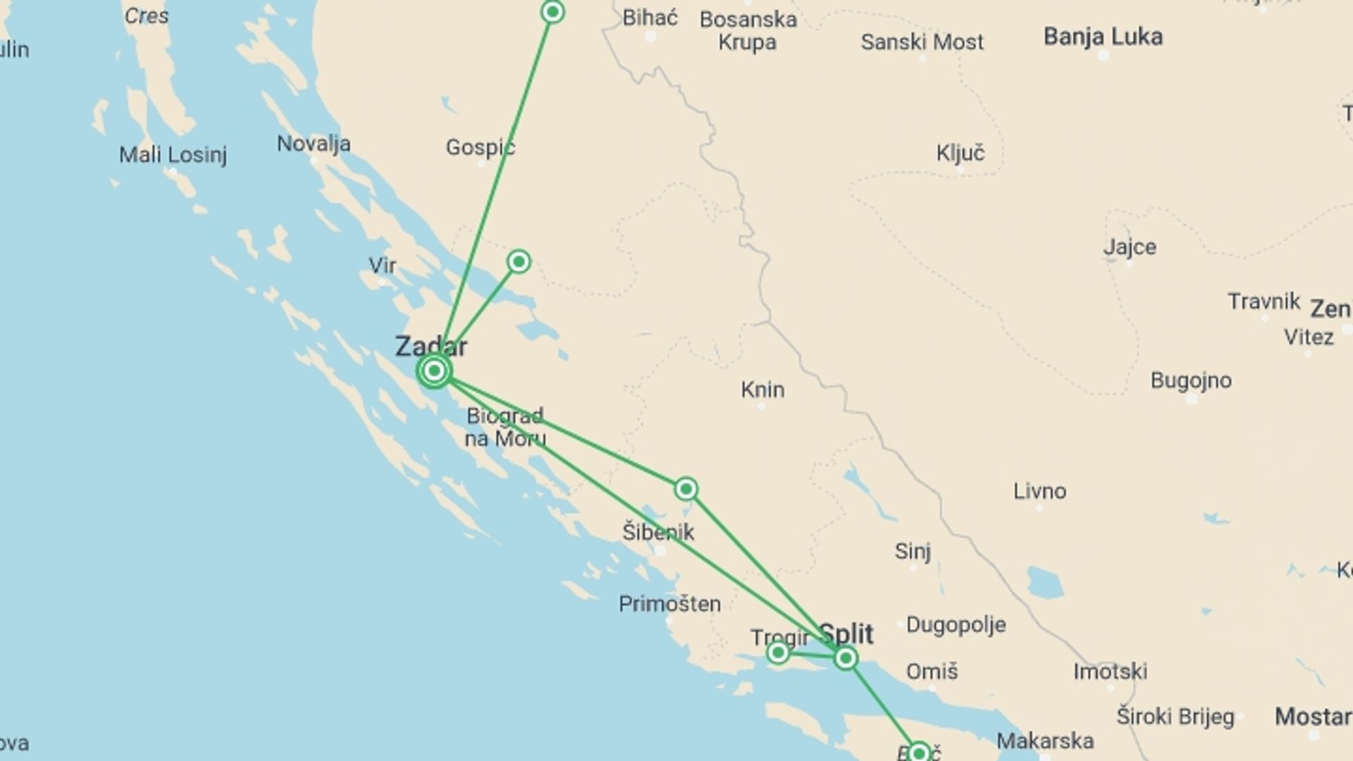 A map showing the tour itinerary for the trip: Exclusive Group (min 10 Pax): Adventure In Croatia: Hike, Eat & Enjoy, starting in Zadar, Croatia and ending in Zadar, Croatia going through 2 other destinations.