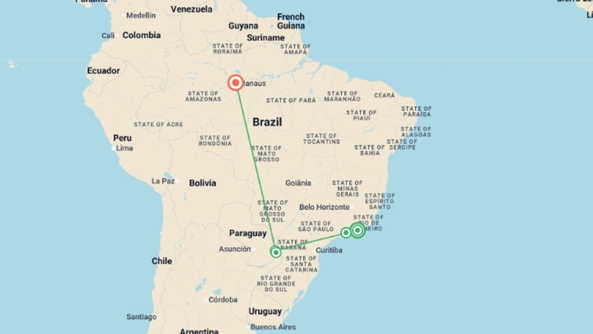 A map showing the tour itinerary for the trip: Discover Brazil, starting in Rio de Janeiro, Brazil and ending in Manaus, Brazil going through 3 other destinations.