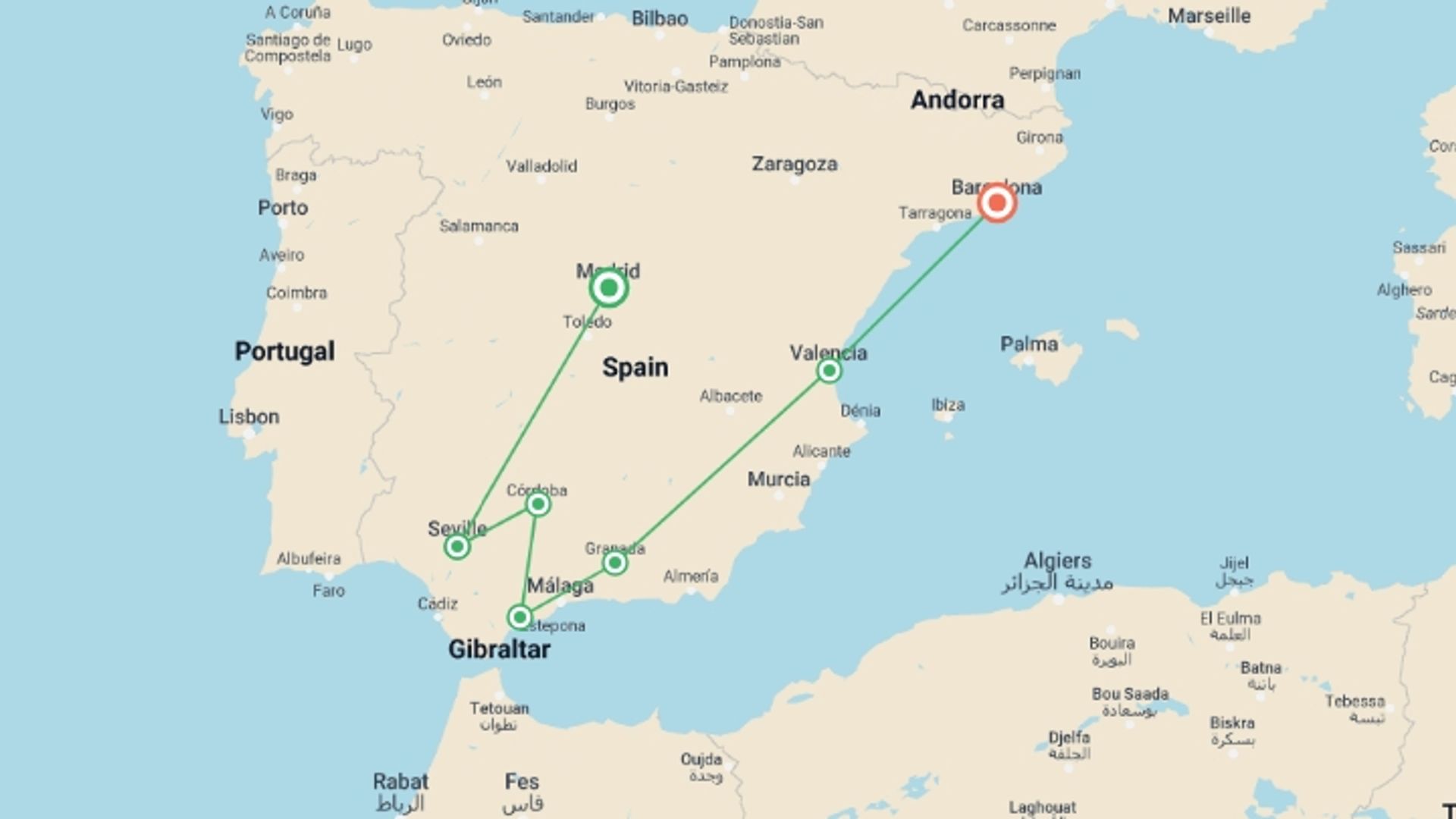 A map showing the tour itinerary for the trip: The Spanish Journey - 7 days, starting in Madrid, Spain and ending in Barcelona, Spain going through 6 other destinations.