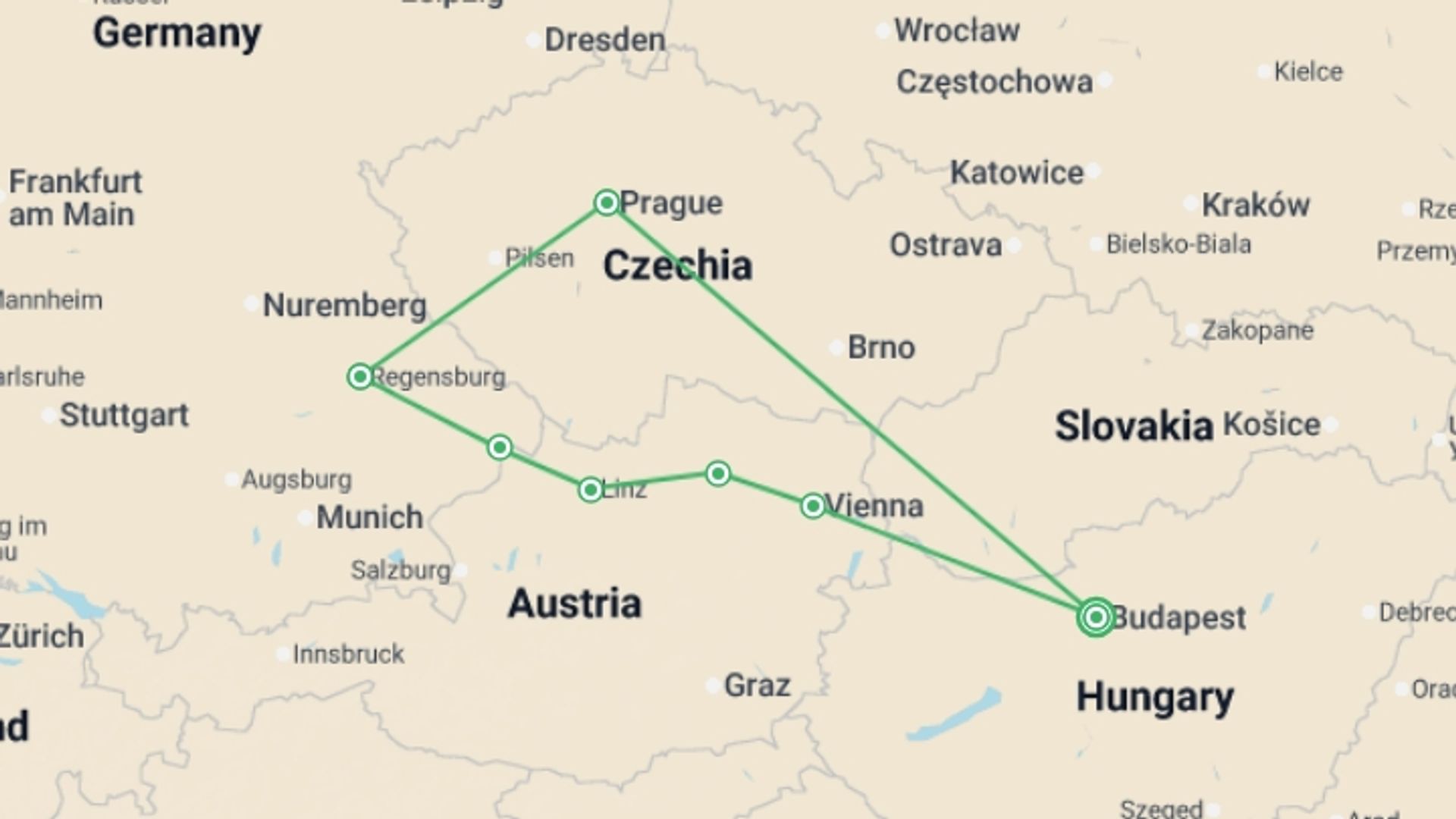 A map showing the tour itinerary for the trip: Delightful Danube & Prague (2027), starting in Budapest, Hungary and ending in Budapest, Hungary going through 6 other destinations.