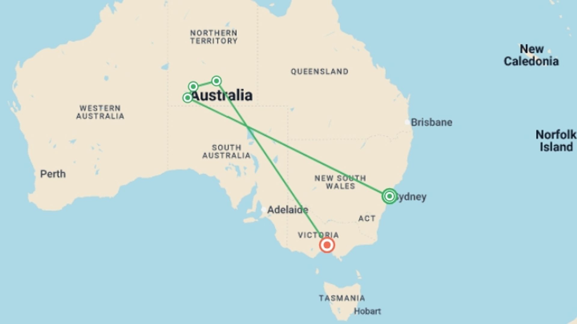 A map showing the tour itinerary for the trip: Iconic Australia: Famous Cities & Red Centre Explorer, starting in Sydney and NSW, Australia and ending in Melbourne, Australia going through 5 other destinations.