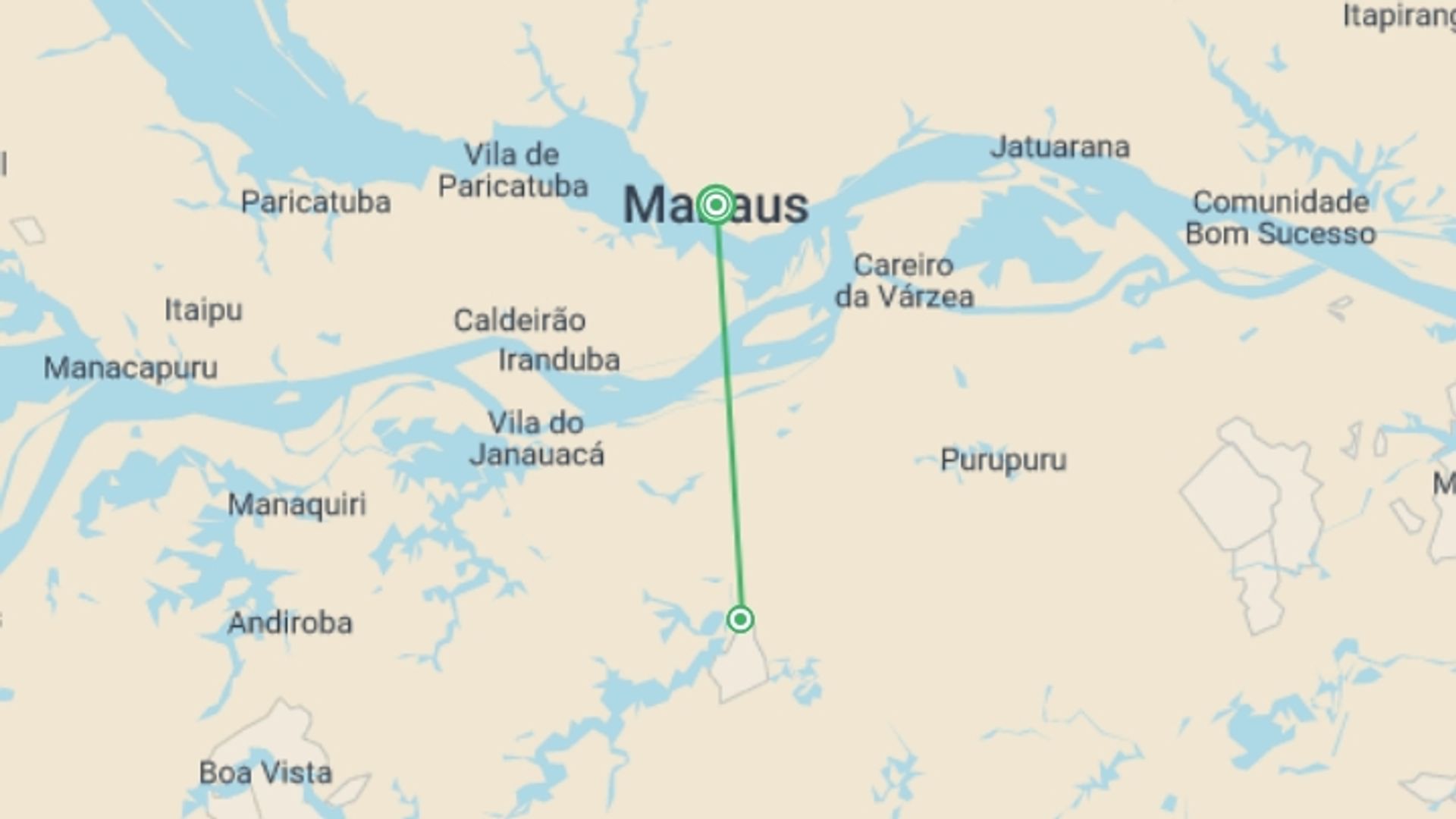 A map showing the tour itinerary for the trip: Manaus Amazon Jungle Adventure 5D/4N, starting in Manaus, Brazil and ending in Manaus, Brazil going through 1 other destinations.
