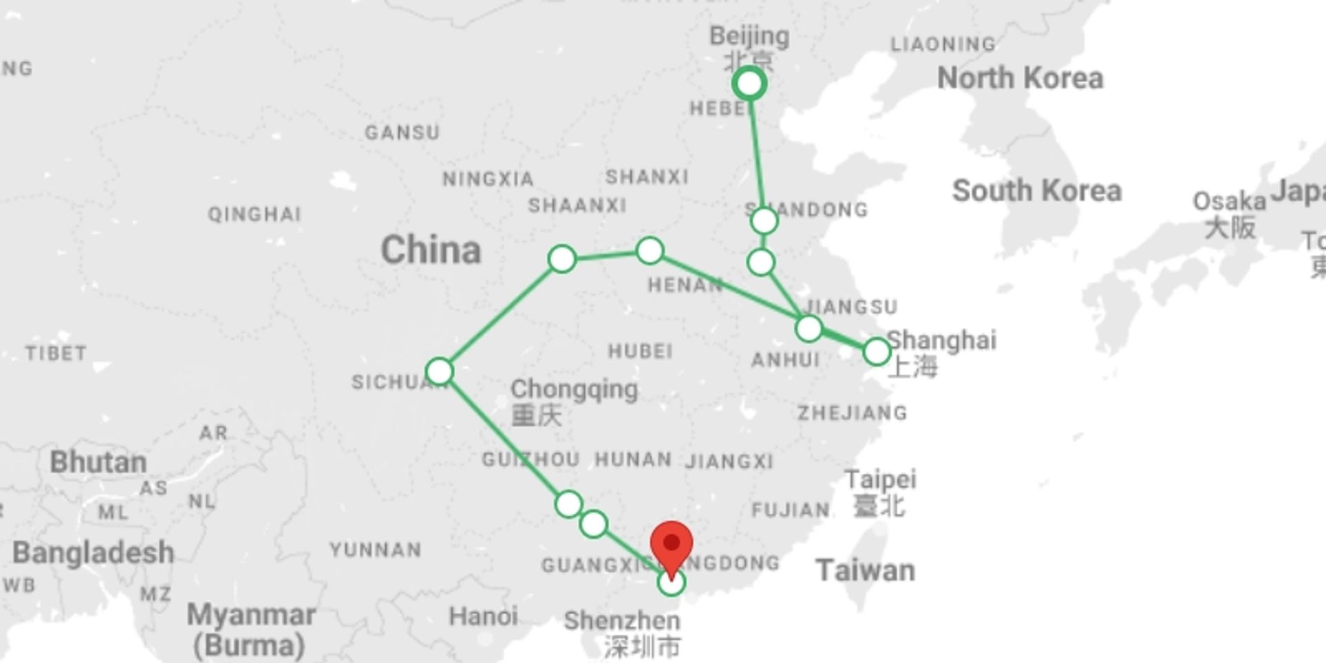 A map showing the tour itinerary for the trip: Northern and southern China end Guangzhou, starting in Beijing, China and ending in Guangzhou, China going through 9 other destinations.