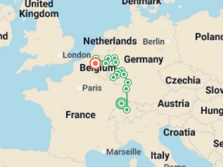 Map itinerary of Europe Tour in Fall with 15 destination visits for the trip: Rhine, Moselle & Belgium Grand Discovery (2027)