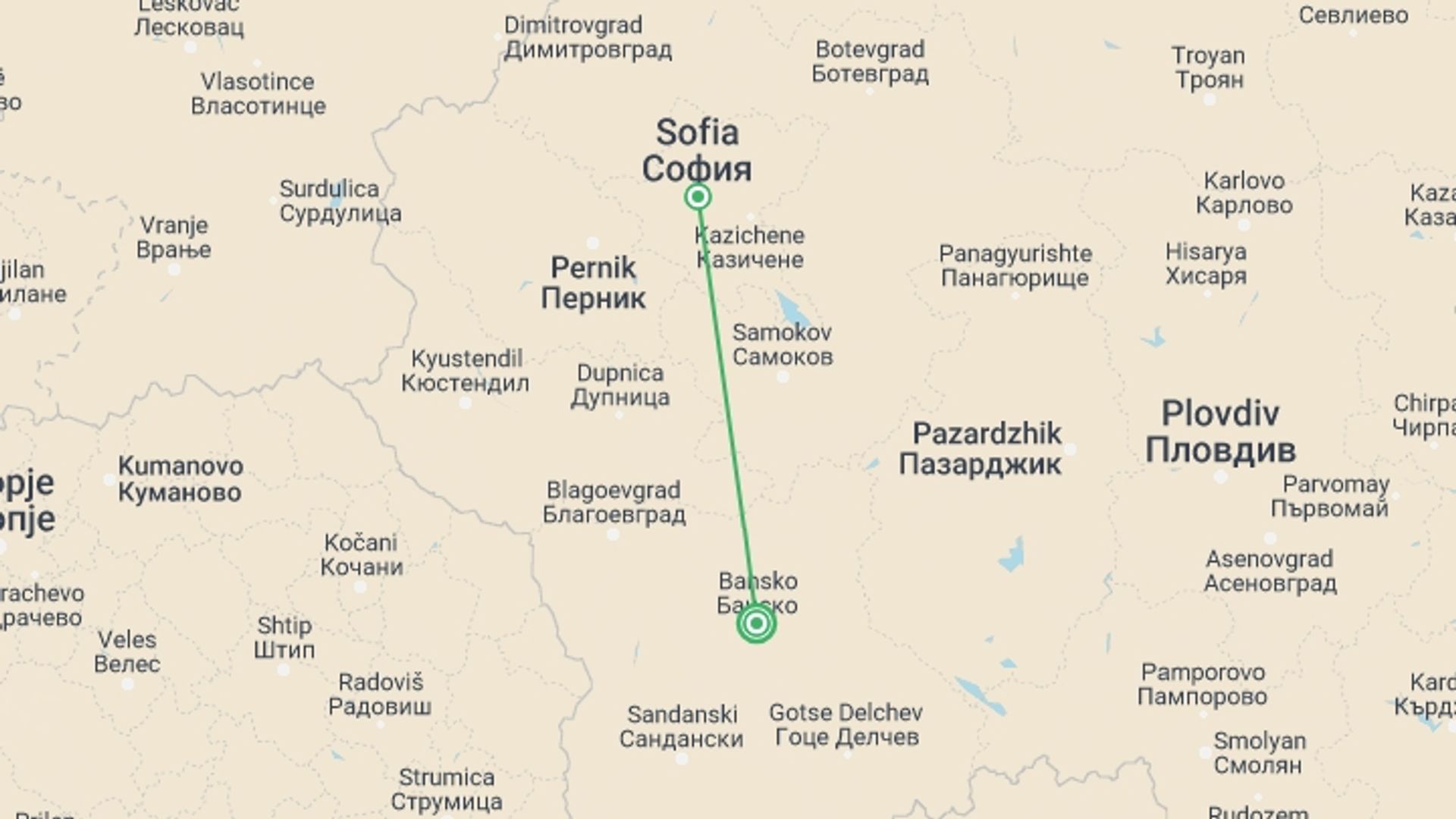 A map showing the tour itinerary for the trip: Bansko Express: Standard Pack, starting in Bansko, Bulgaria and ending in Bansko, Bulgaria going through 1 other destinations.