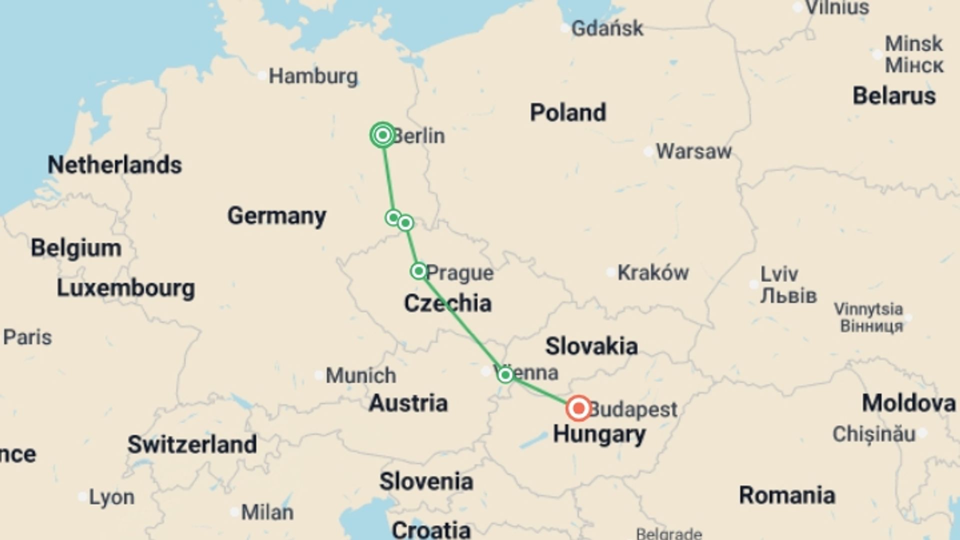 A map showing the tour itinerary for the trip: Berlin to Budapest, starting in Berlin, Germany and ending in Budapest, Hungary going through 3 other destinations.