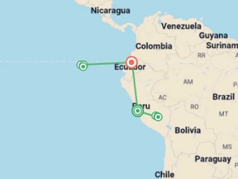 Map of South America Tour with 8 destination visits for the trip: Machu Picchu & Galápagos Island Hopping