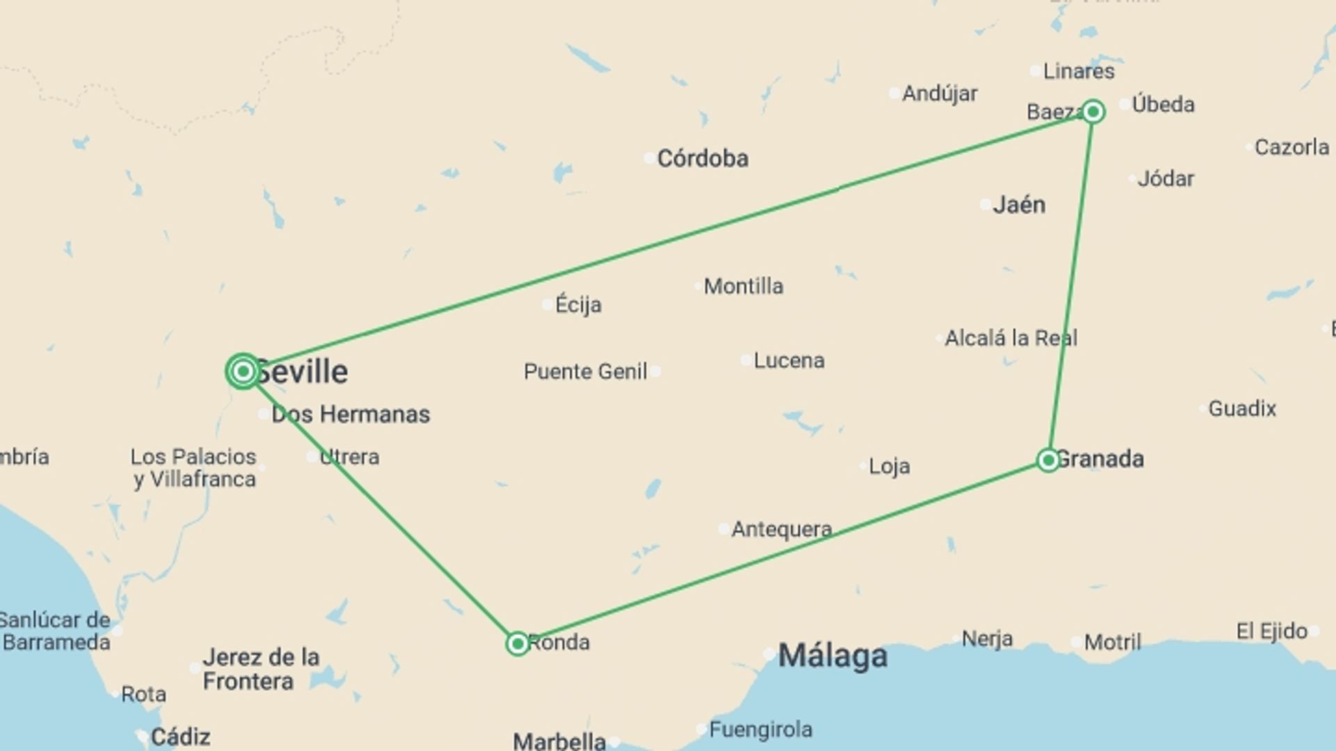 A map showing the tour itinerary for the trip: Spain: Vibrant Cities & Countryside Walks, starting in Seville, Spain and ending in Seville, Spain going through 3 other destinations.