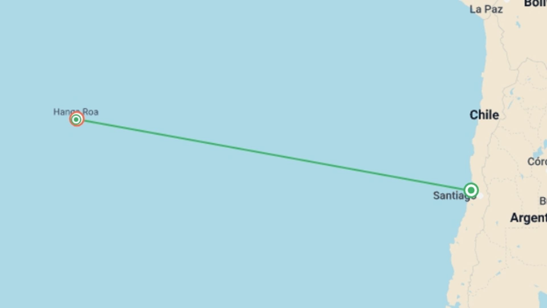 A map showing the tour itinerary for the trip: 4-Day Easter Island Adventure Tour, starting in Valparaiso, Chile and ending in Easter Island, Chile going through 2 other destinations.