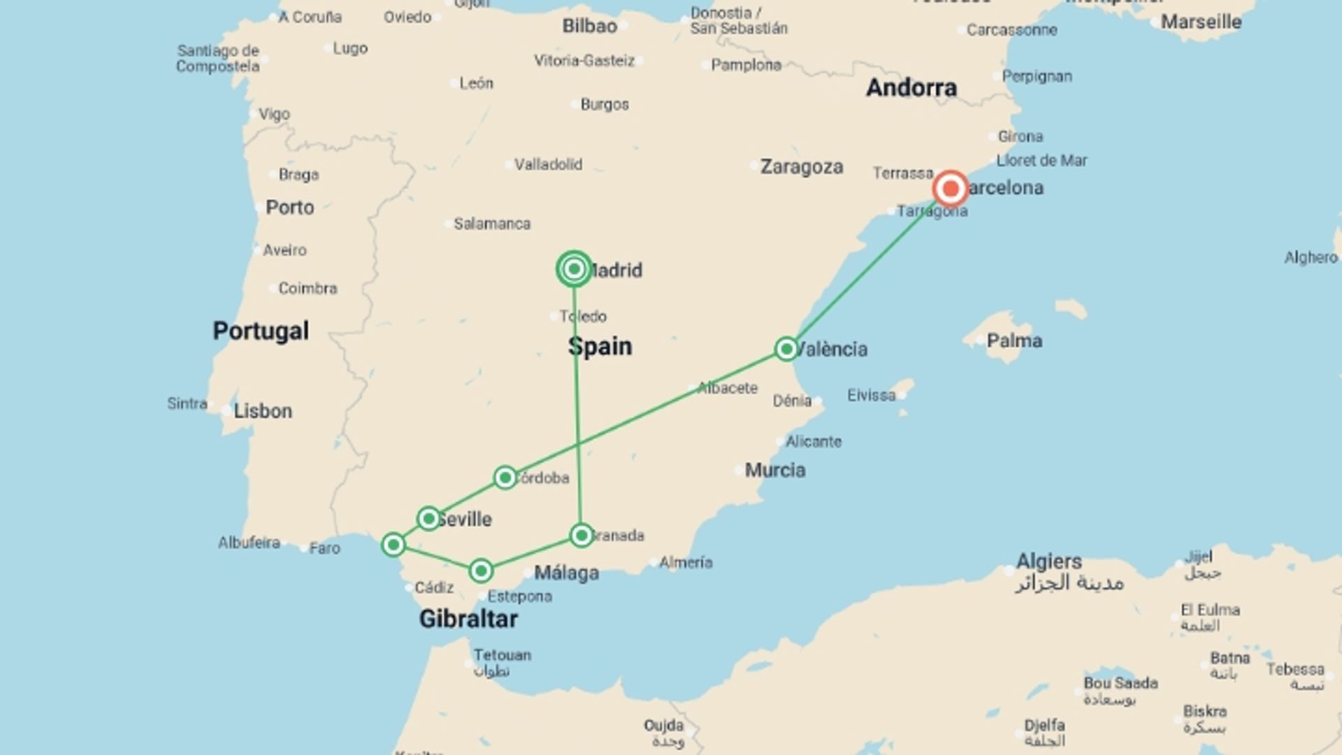 A map showing the tour itinerary for the trip: Best of Spain, starting in Madrid, Spain and ending in Barcelona, Spain going through 6 other destinations.