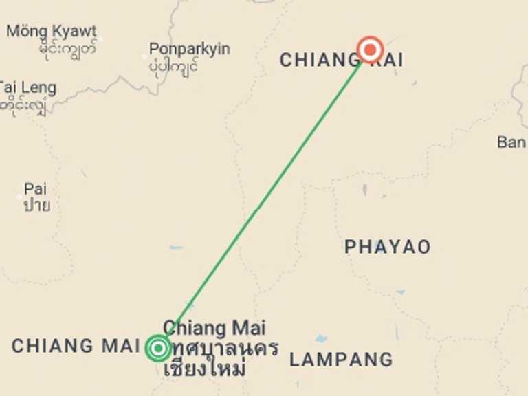 Map itinerary of Thailand Tour in July 2026 with 2 destination visits for the trip: Chiang Mai To Chiang Rai, Private Tour