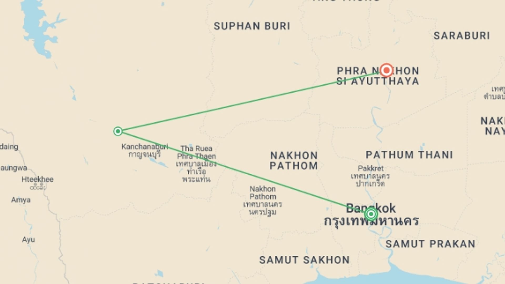 A map showing the tour itinerary for the trip: Thailand Odyssey, starting in Bangkok, Thailand and ending in Ayutthaya, Thailand going through 2 other destinations.
