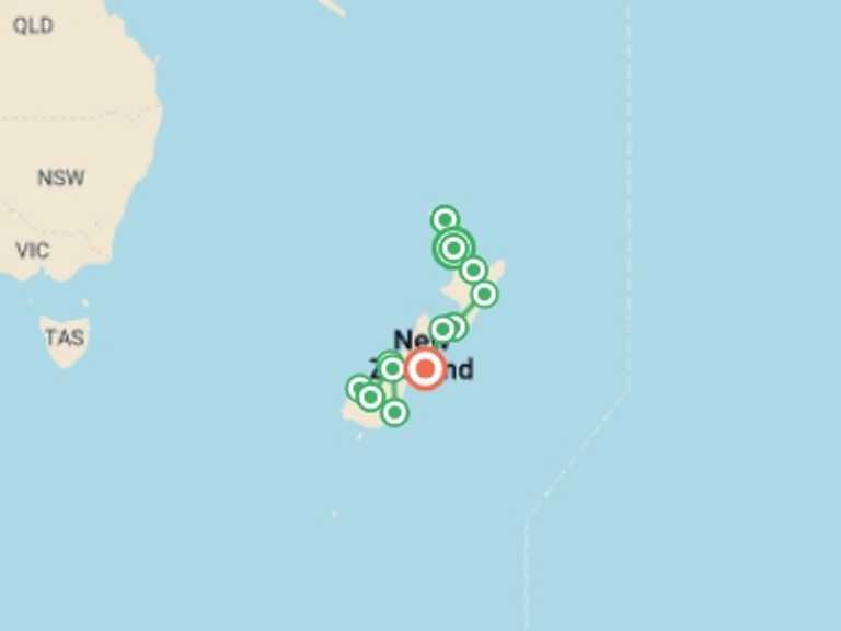 Map itinerary of New Zealand Tour in Fall with 12 destination visits for the trip: Ultimate New Zealand