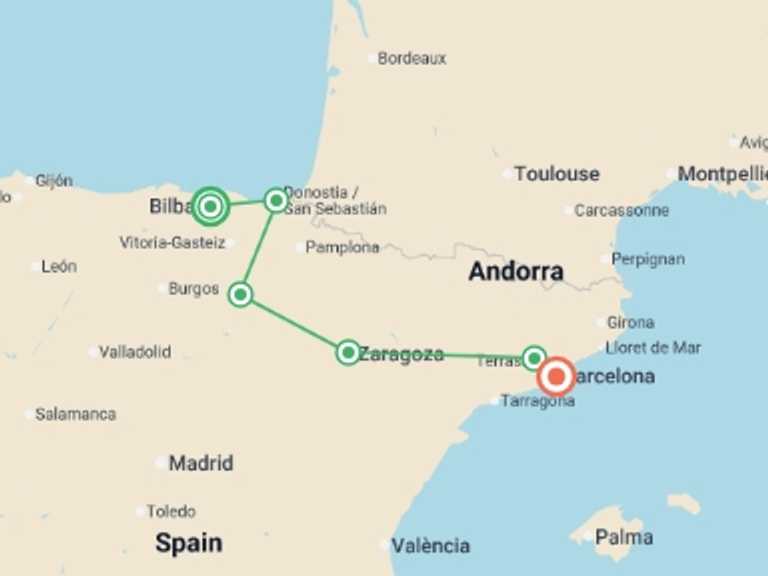 Map itinerary of Europe Tour in May 2026 with 6 destination visits for the trip: A Taste of Northern Spain: Catalonia and the Basque Country