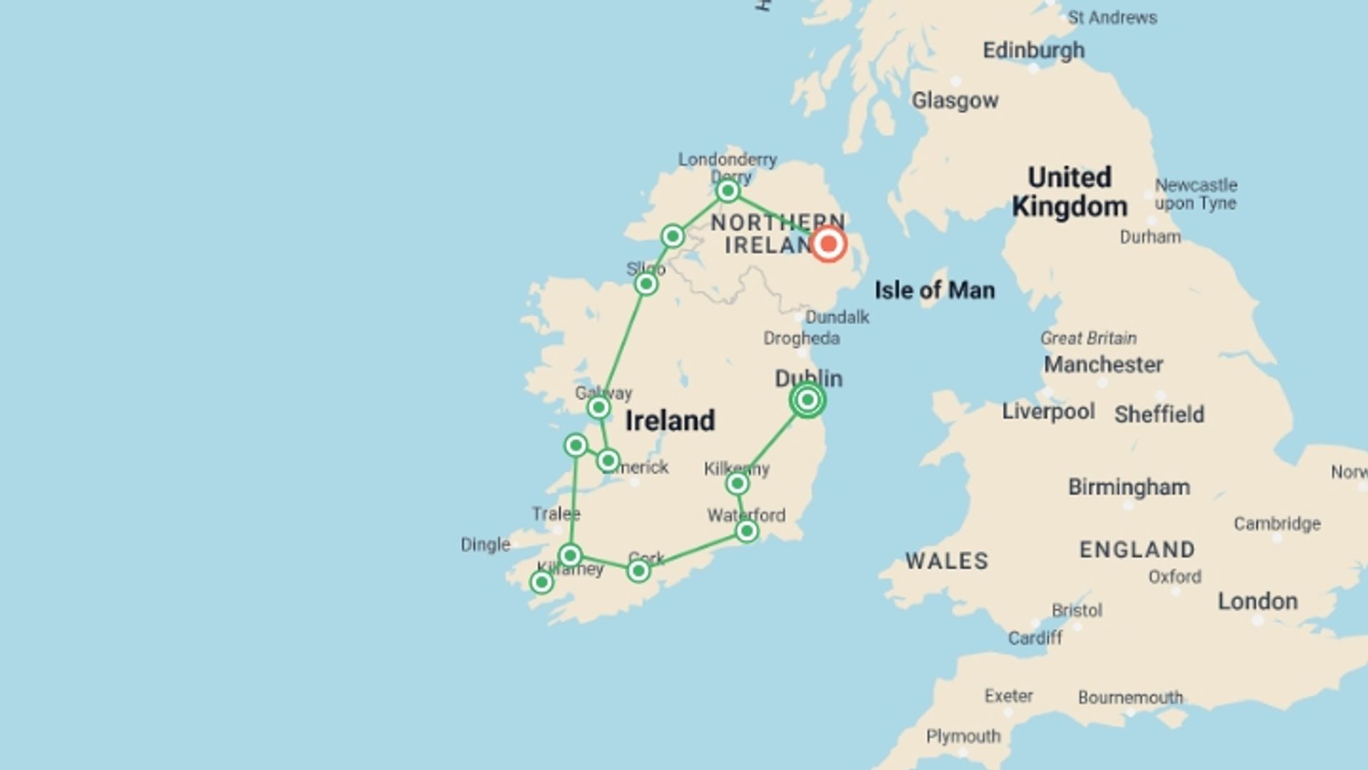 A map showing the tour itinerary for the trip: Shades of Ireland , starting in Dublin, Ireland and ending in Belfast, Ireland going through 1 other destinations.