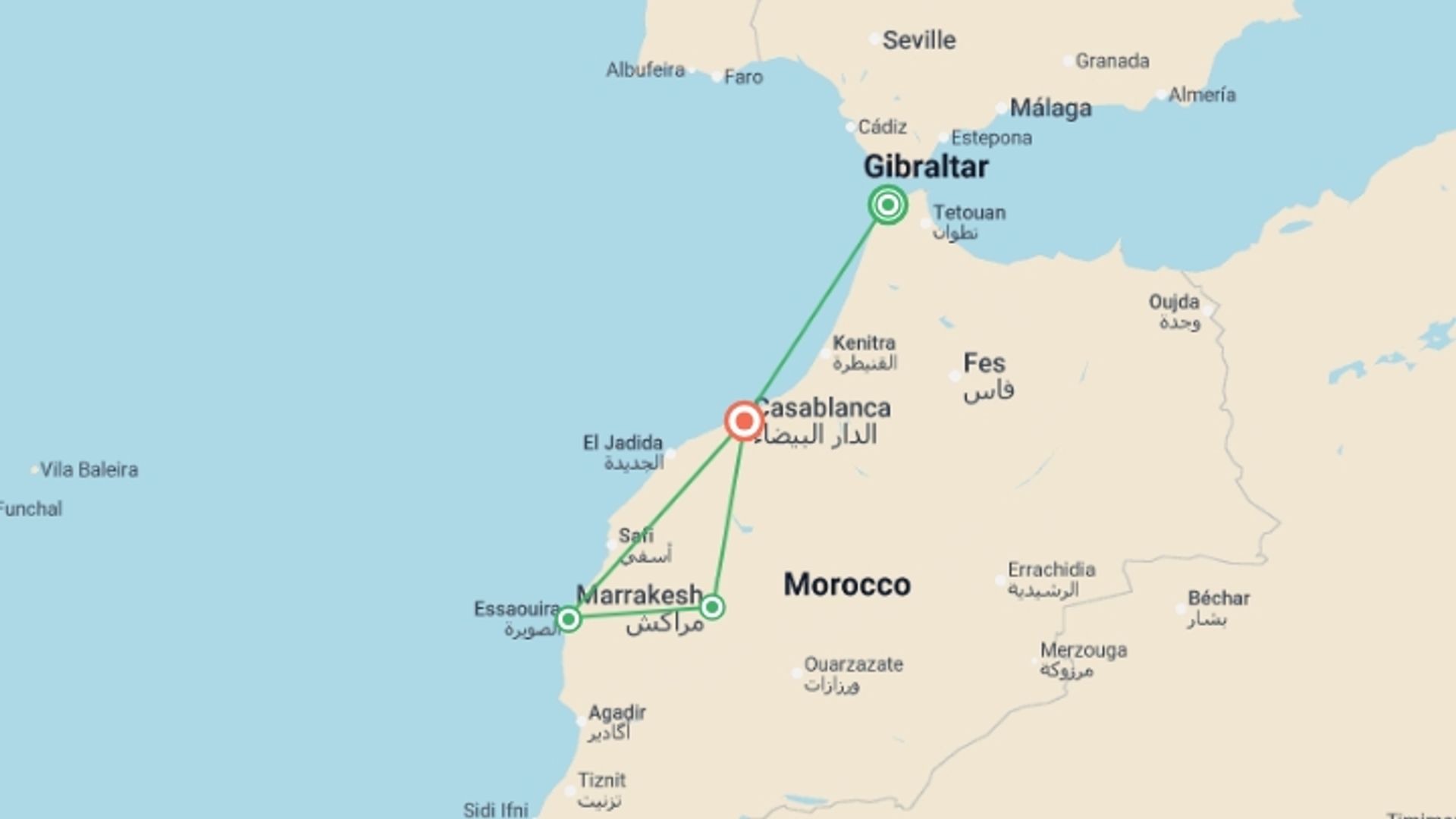 A map showing the tour itinerary for the trip: Casablanca & Coast from Tangier - 8 days, starting in Tangier, Morocco and ending in Casablanca, Morocco going through 2 other destinations.