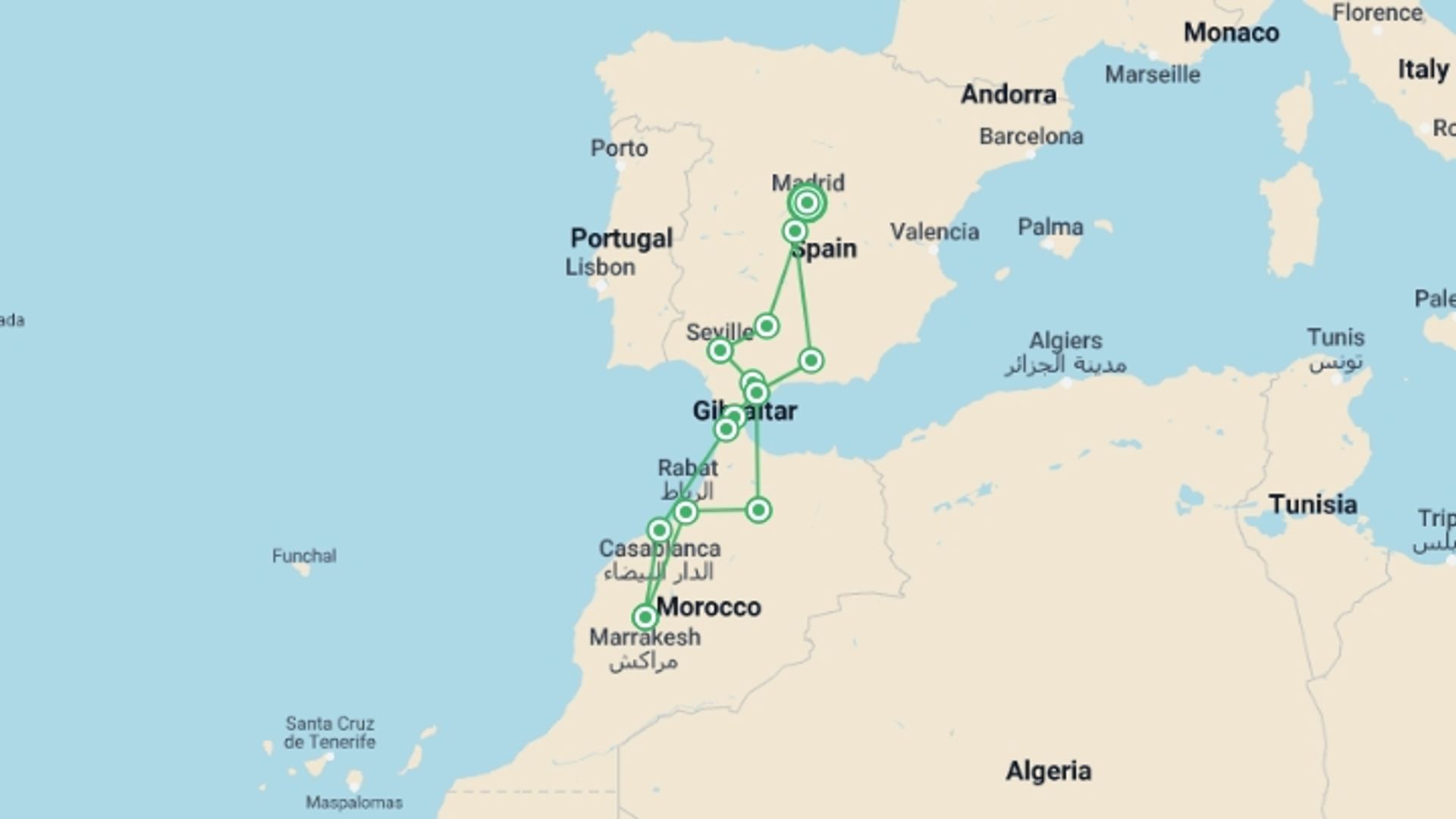 A map showing the tour itinerary for the trip: Andalusia & Morocco (multi Country), starting in Madrid, Spain and ending in Madrid, Spain going through 6 other destinations.