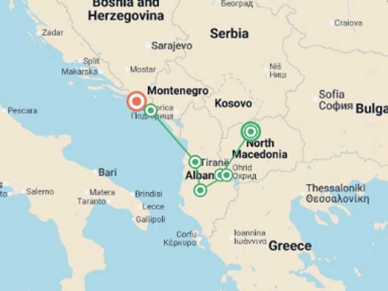 Map of Europe Cultural, religious and historic sites Tour with 8 destination visits for the trip: Western Balkans Uncovered