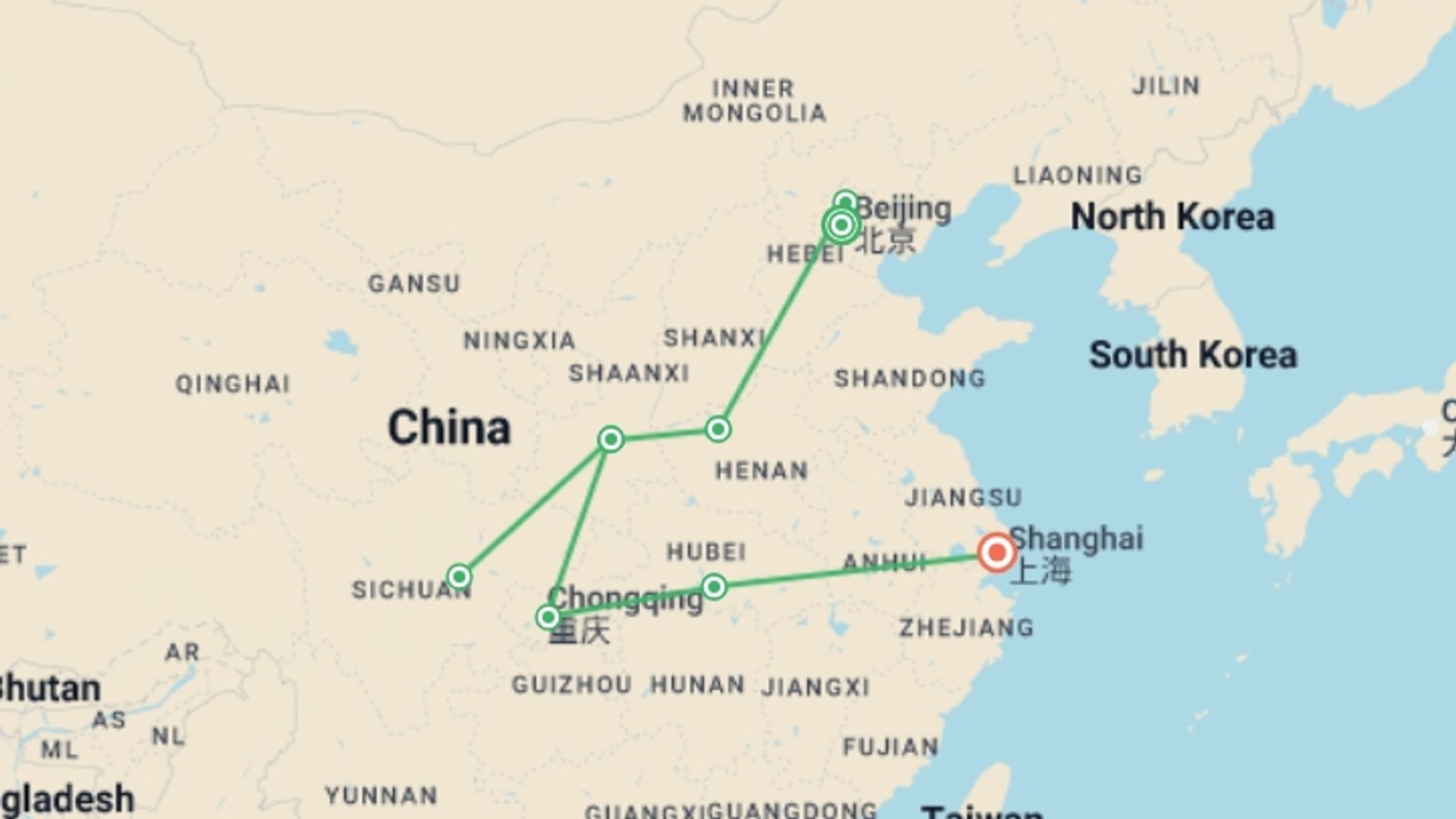 A map showing the tour itinerary for the trip: Yin and Yangtze - 15 days, starting in Beijing, China and ending in Shanghai, China going through 7 other destinations.