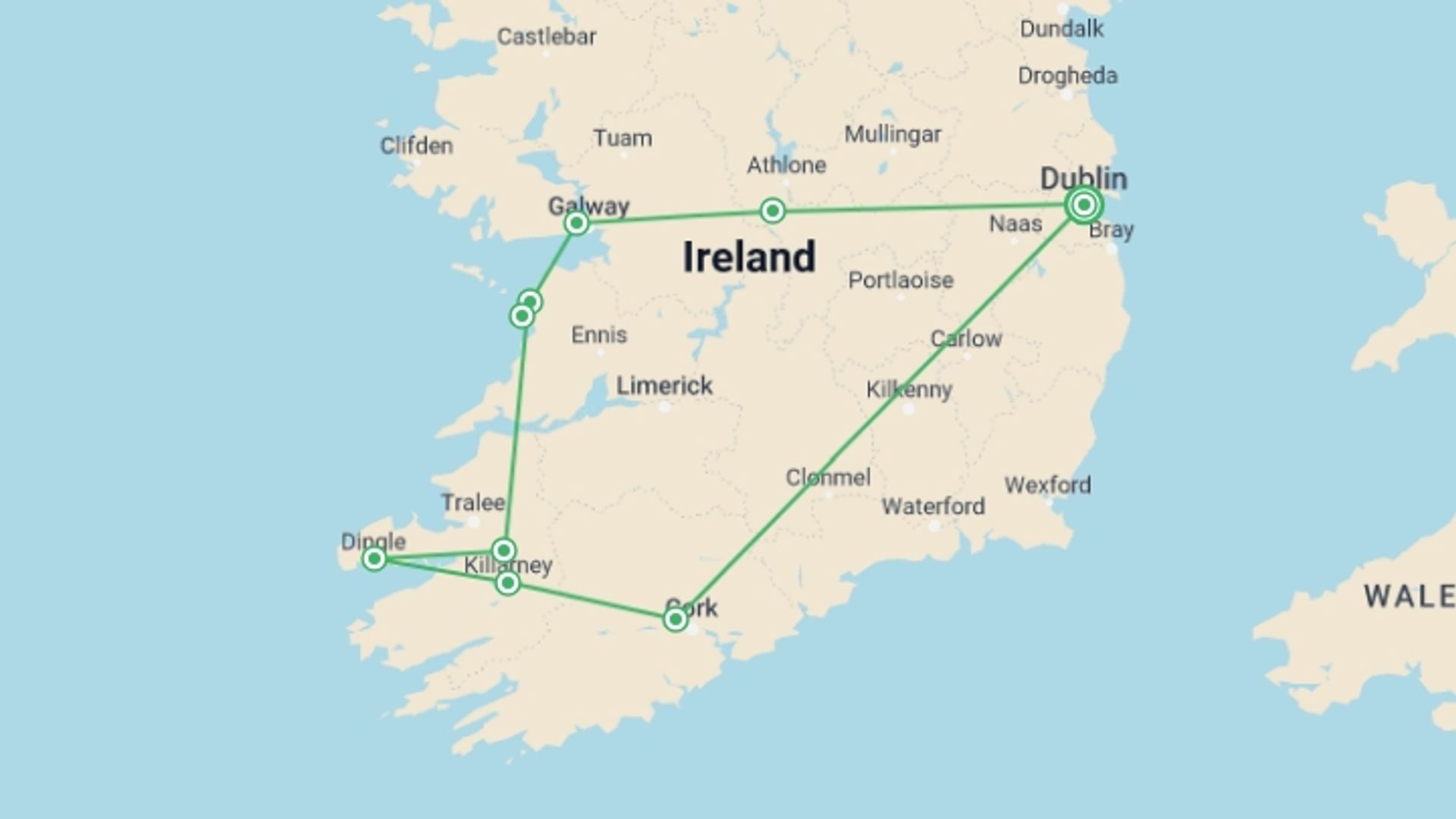 A map showing the tour itinerary for the trip: Emerald Explorer 7-Day Ireland Tour, starting in Dublin, Ireland and ending in Dublin, Ireland going through 8 other destinations.