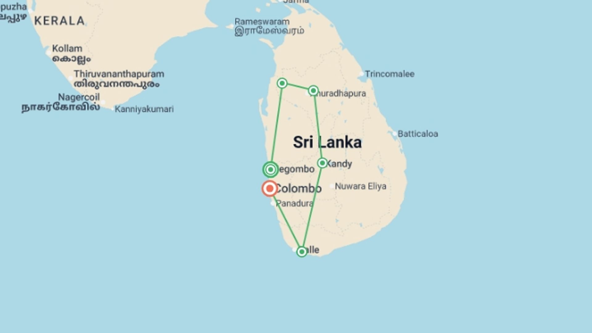 A map showing the tour itinerary for the trip: Highlights of Sri Lanka, starting in Negombo, Sri Lanka and ending in Colombo, Sri Lanka going through 4 other destinations.