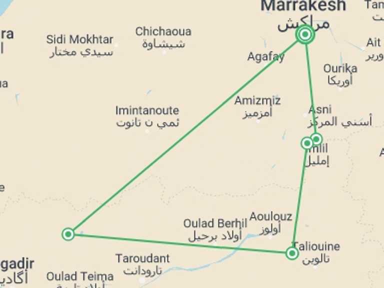 Map of Marrakech Tour with 7 destination visits for the trip: Trek in Atlas Mountains: 8 Days