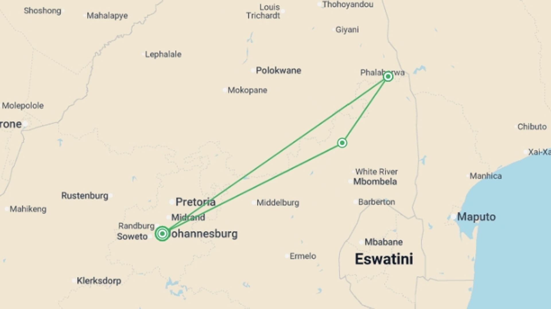 A map showing the tour itinerary for the trip: Kruger Safari Highlights - Premium Adventure, starting in Johannesburg, South Africa and ending in Johannesburg, South Africa going through 2 other destinations.