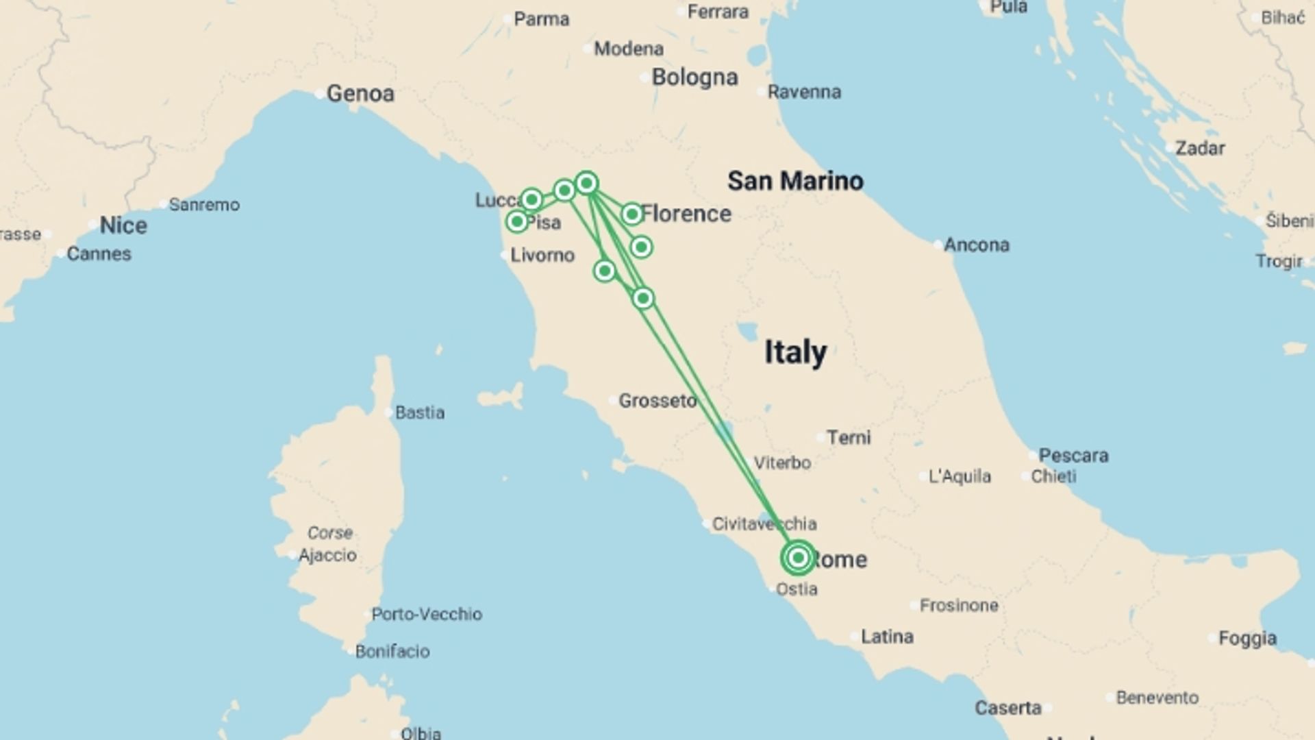 A map showing the tour itinerary for the trip: The Tuscan Dream Self-Drive, starting in Rome, Italy and ending in Rome, Italy going through 4 other destinations.