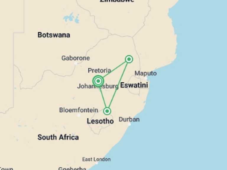 Map itinerary of Johannesburg Tour in September 2025 with 3 destination visits for the trip: Active South Africa: Kruger Safari & Tugela Falls