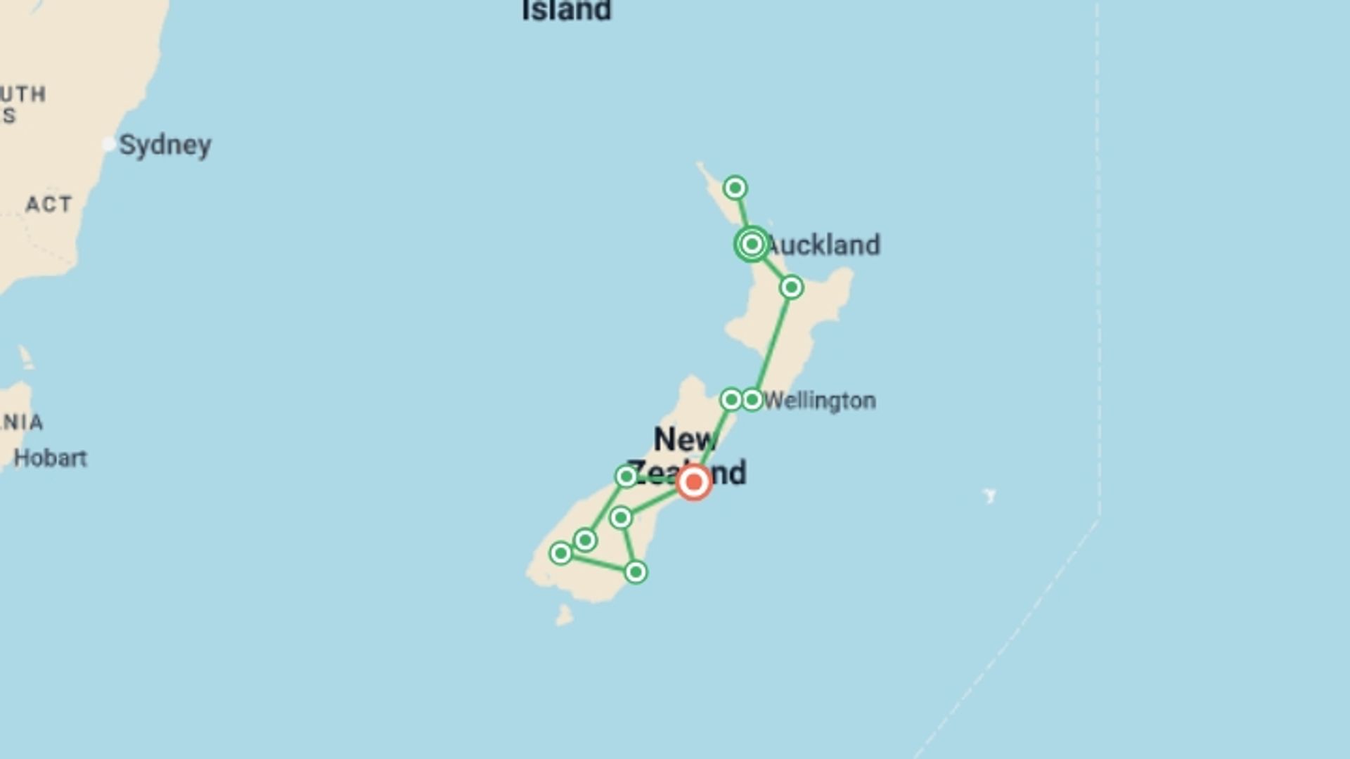 A map showing the tour itinerary for the trip: Kia Ora New Zealand, starting in Auckland, New Zealand and ending in Christchurch, New Zealand going through 9 other destinations.