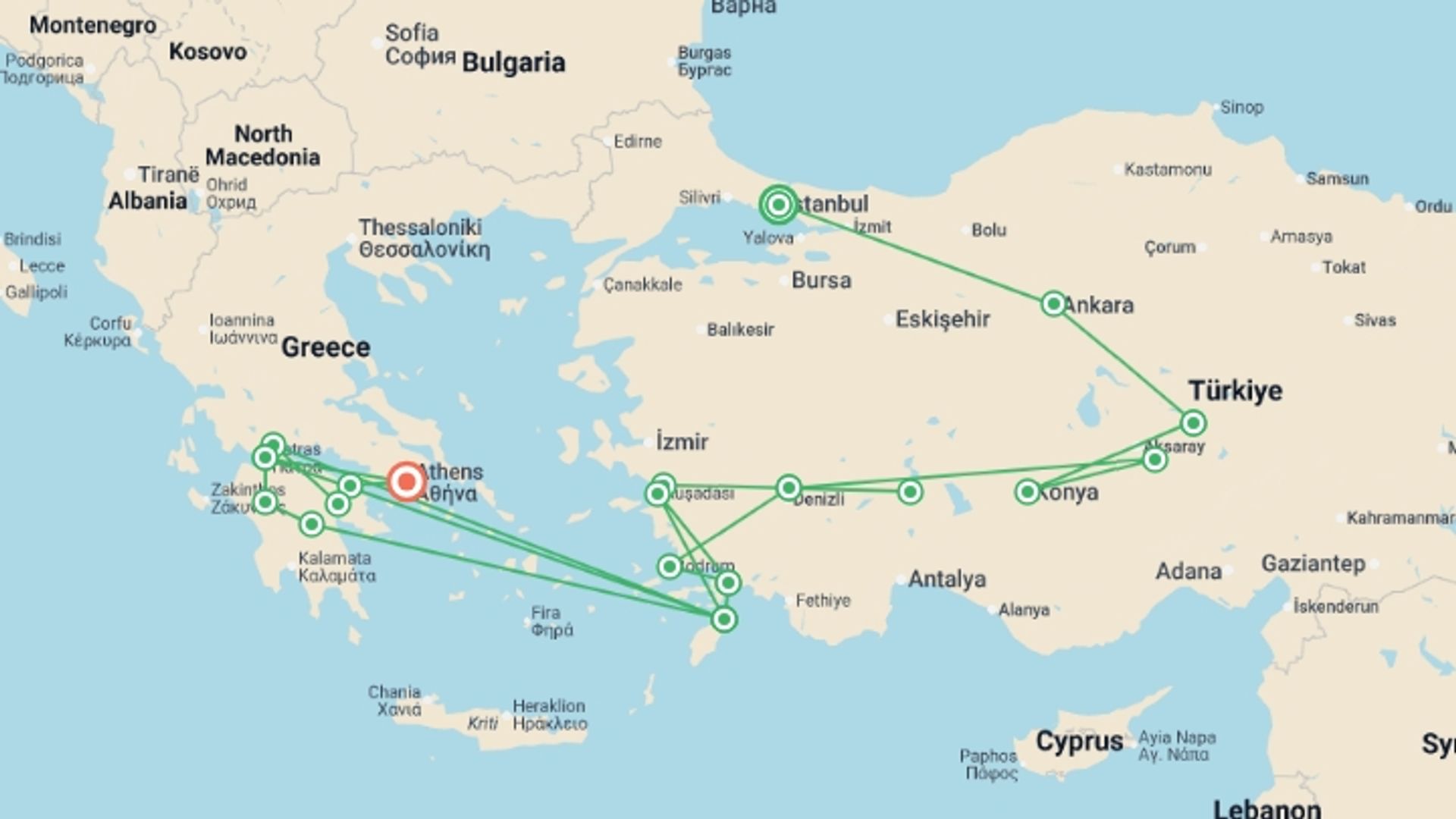 A map showing the tour itinerary for the trip: Great Turkey, Rhodes and Peloponnese End Athens, starting in Istanbul, Turkey and ending in Athens, Greece going through 9 other destinations.