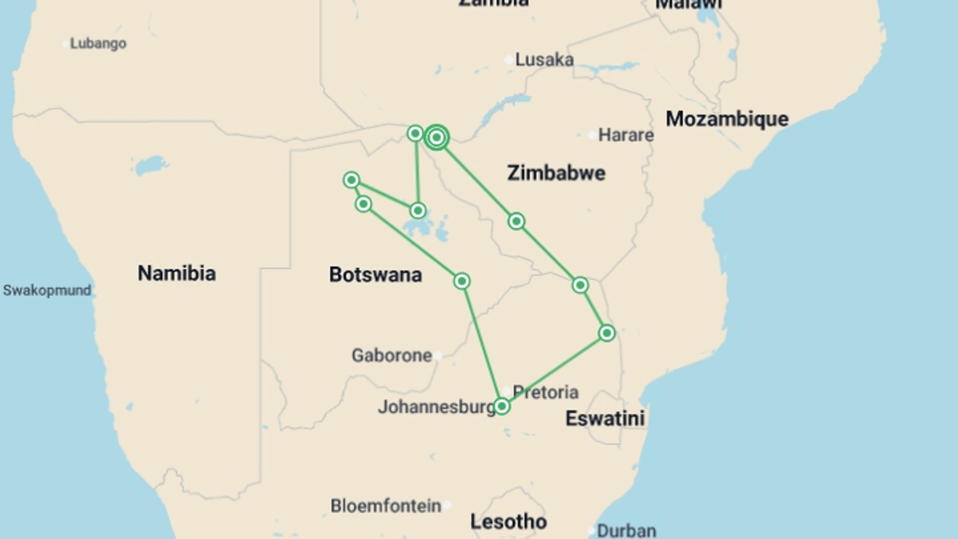 A map showing the tour itinerary for the trip: Zimbabwe, Botswana, South Africa Overland Safari & Participation Camping, starting in Victoria Falls, Zimbabwe and ending in Victoria Falls, Zimbabwe going through 9 other destinations.