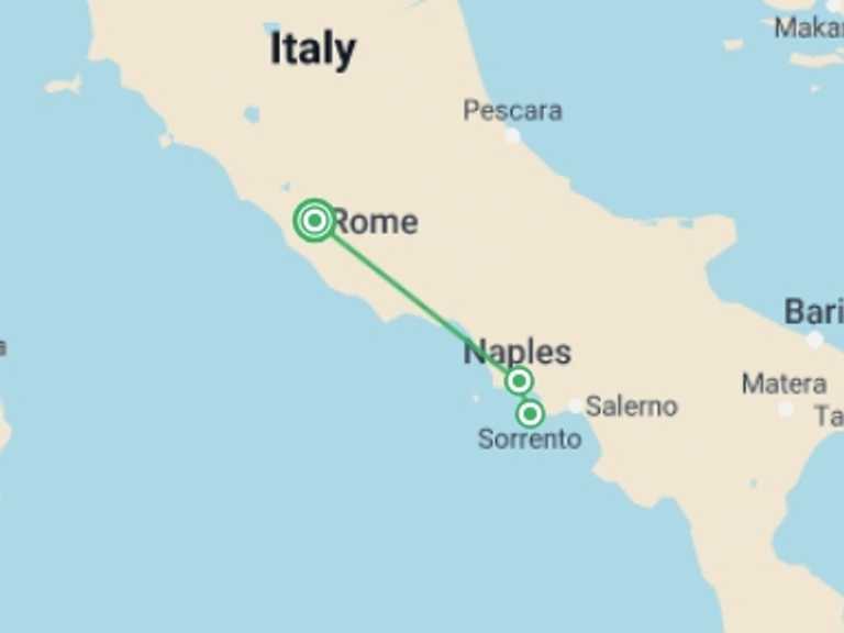 Map of Naples Sightseeing Tour with 4 destination visits for the trip: Naples Express & Sorrento - Small-Group Tour