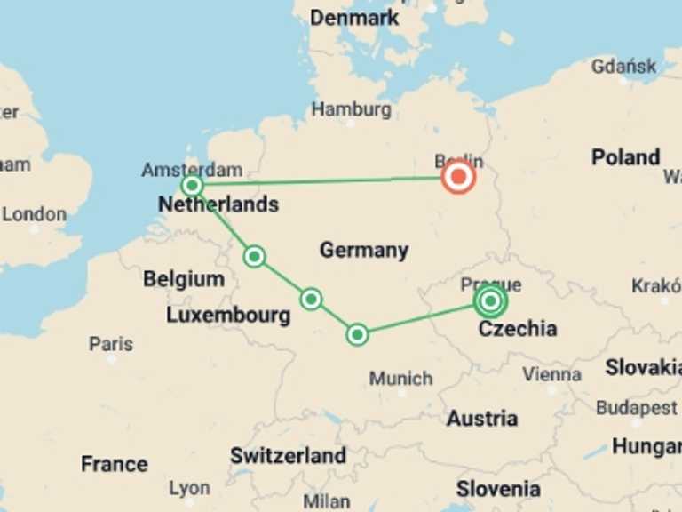 Map of 8-Day Berlin Tour with 4 destination visits for the trip: Prague to Berlin