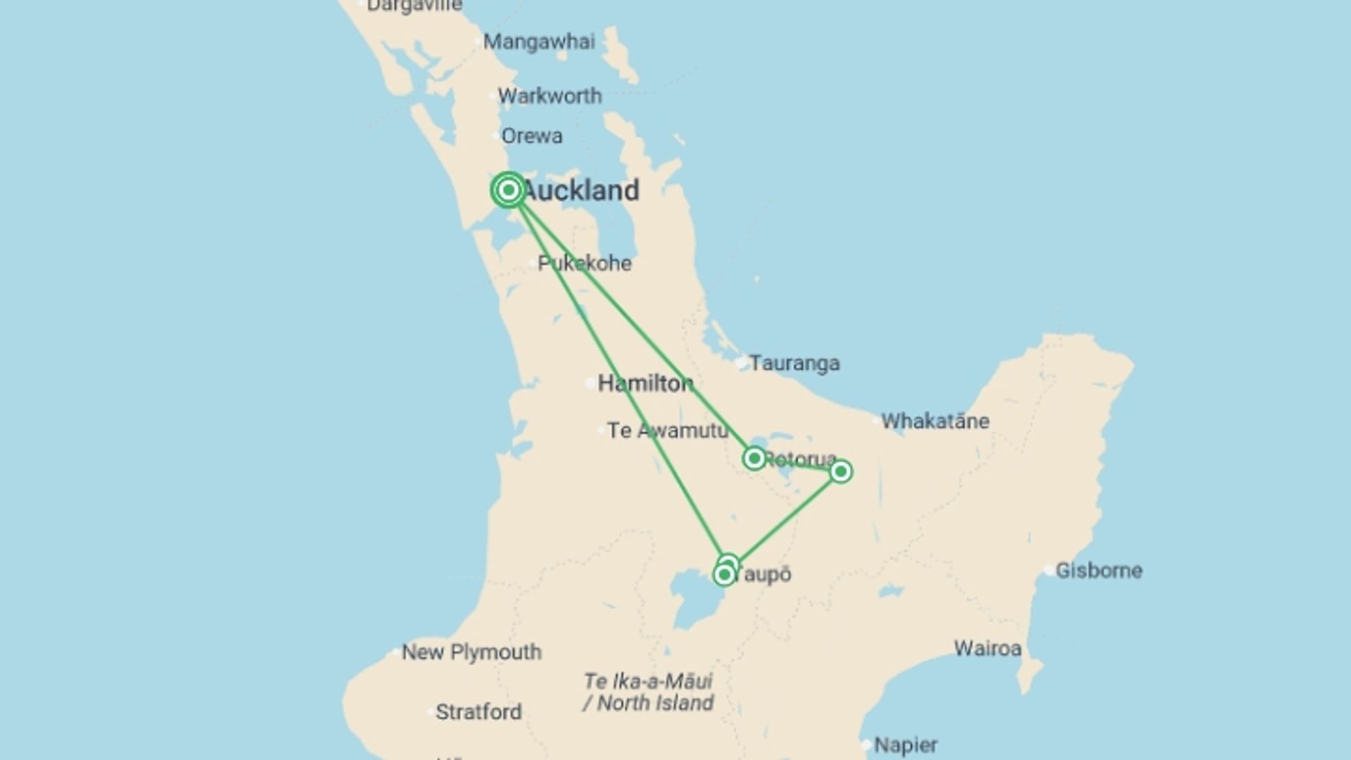 A map showing the tour itinerary for the trip: NZ Adventure North, starting in Auckland, New Zealand and ending in Auckland, New Zealand going through 5 other destinations.