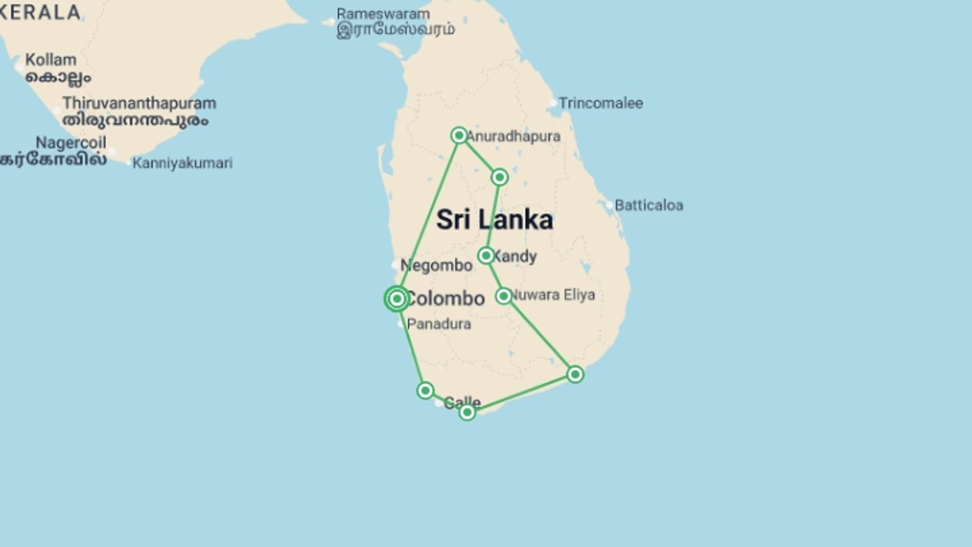 A map showing the tour itinerary for the trip: Highlights of Sri Lanka - 15 days, starting in Colombo, Sri Lanka and ending in Colombo, Sri Lanka going through 7 other destinations.