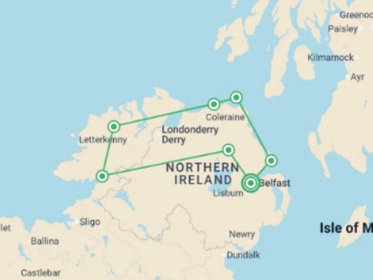Map itinerary of Ireland Tour in June 2026 with 7 destination visits for the trip: Walk Northern Ireland and Donegal
