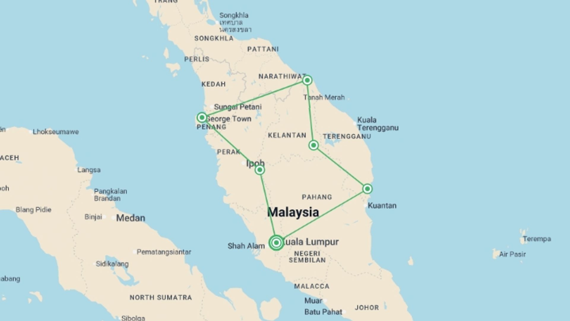 A map showing the tour itinerary for the trip: Best of Malaysia - 7 days, starting in Kuala Lumpur, Malaysia and ending in Kuala Lumpur, Malaysia going through 5 other destinations.