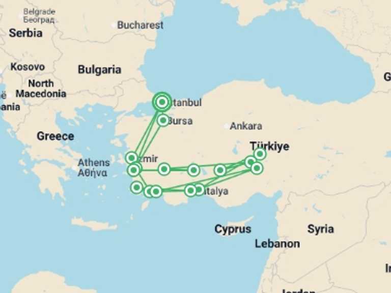Map of Turkey Tour with 9 destination visits for the trip: Aegean Dream