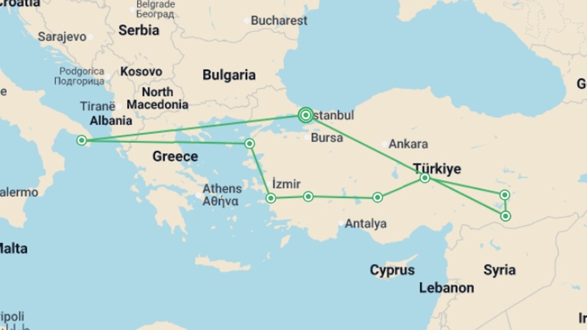A map showing the tour itinerary for the trip: Crossroads of Turkey, starting in Istanbul, Turkey and ending in Istanbul, Turkey going through 8 other destinations.