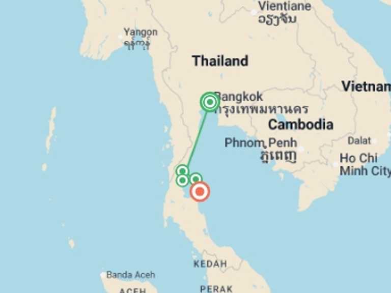 Map itinerary of Asia Tour in September 2027 with 5 destination visits for the trip: Thailand Beaches: Bangkok to Ko Samui
