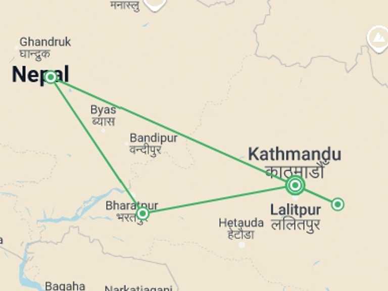 Map itinerary of Nepal Tour in Winter with 4 destination visits for the trip: Best of Nepal