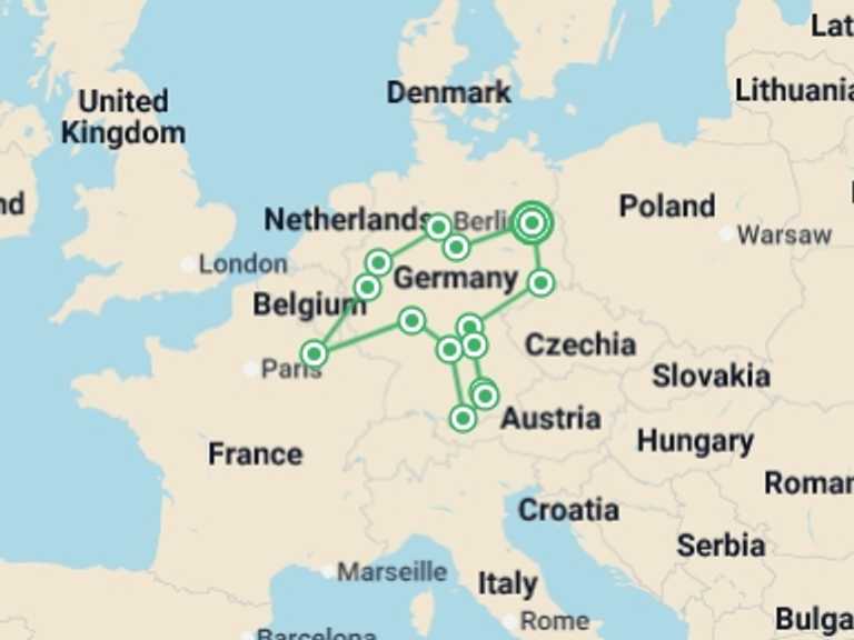 Map itinerary of Europe Tour in January 2027 with 6 destination visits for the trip: Germany´s Best
