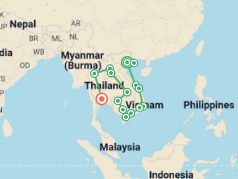 Map of Asia Tour with 15 destination visits for the trip: Hanoi to Bangkok (via Cambodia & Laos) Travel Pass