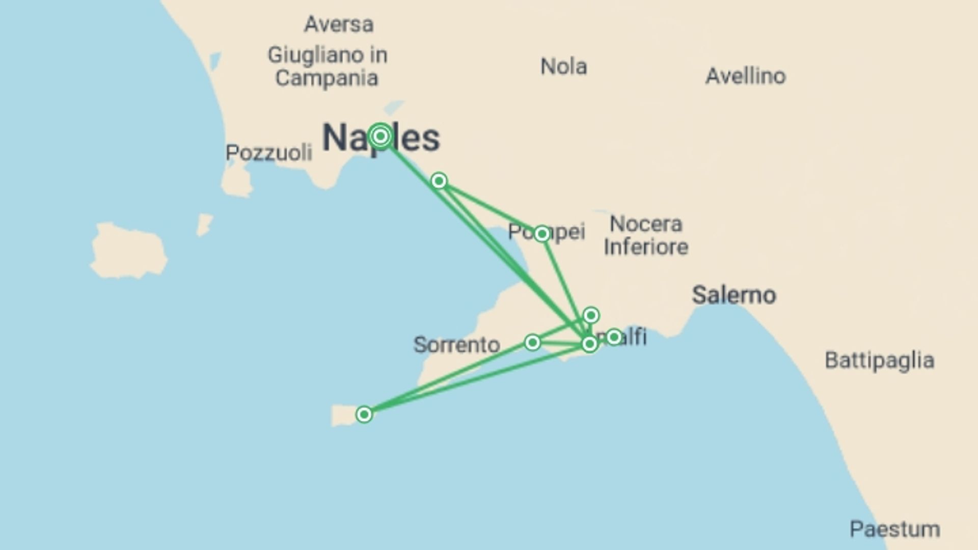 A map showing the tour itinerary for the trip: Amalfi Coast Walking - Agriturismo, starting in Naples, Italy and ending in Naples, Italy going through 3 other destinations.