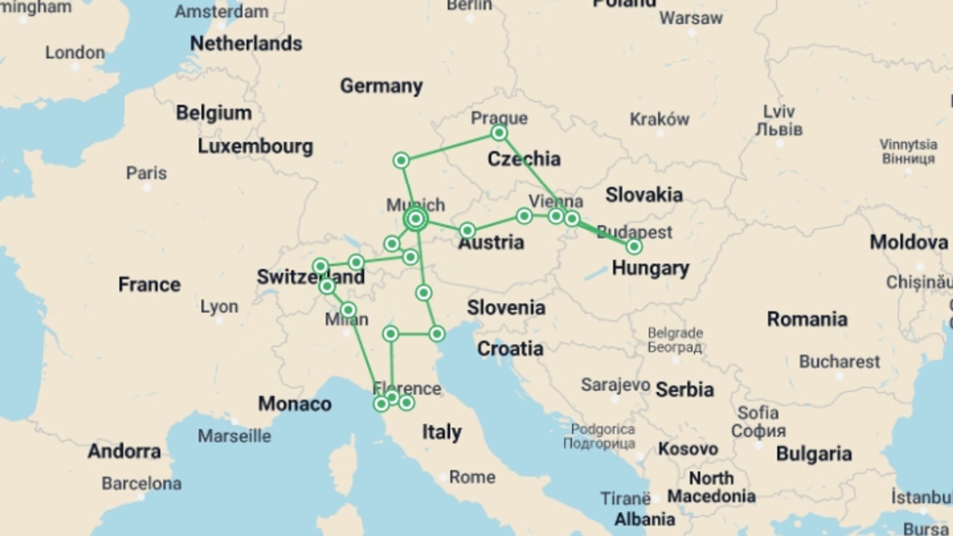 A map showing the tour itinerary for the trip: Central & Eastern Europe Explorer, starting in Munich, Germany and ending in Munich, Germany going through 8 other destinations.