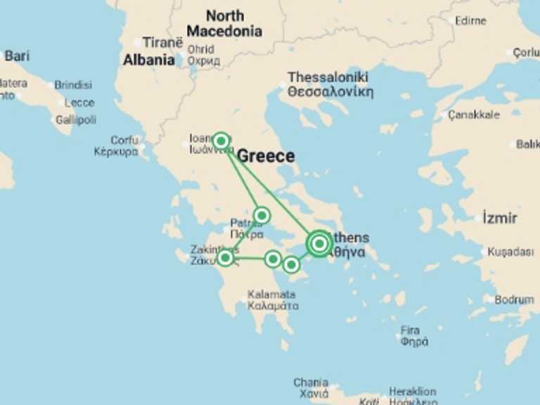 Map of Mediterranean Tour with 4 destination visits for the trip: Winter In Greece, Classical Tour Greece Argolis, Olympia, Delphi, Meteora, Spanish-speaking Guide