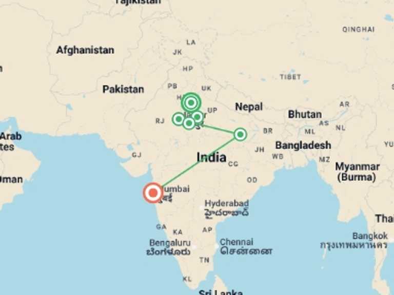 Map itinerary of India Tour in Spring with 5 destination visits for the trip: Delhi to Mumbai - 10 days